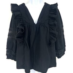 Anthropologie Black Double V Neck Ruffle Eyelet Peasant Boho Top Size XS